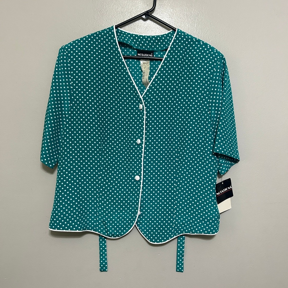 Notations Blouse 16 Green White VTG Polka Dot Button Up Rockabilly Pinup Whimsy